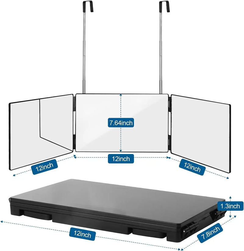 Espelho triplo portátil preto 360 com ganchos telescópicos ajustáveis em altura, ideal para corte de cabelo, maquiagem essencial fordável